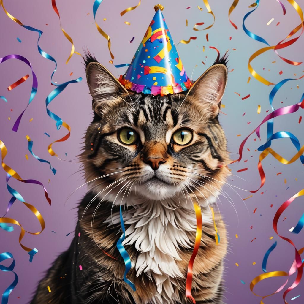 Hyperrealistic Cat Celebrates Birthday with Streamers