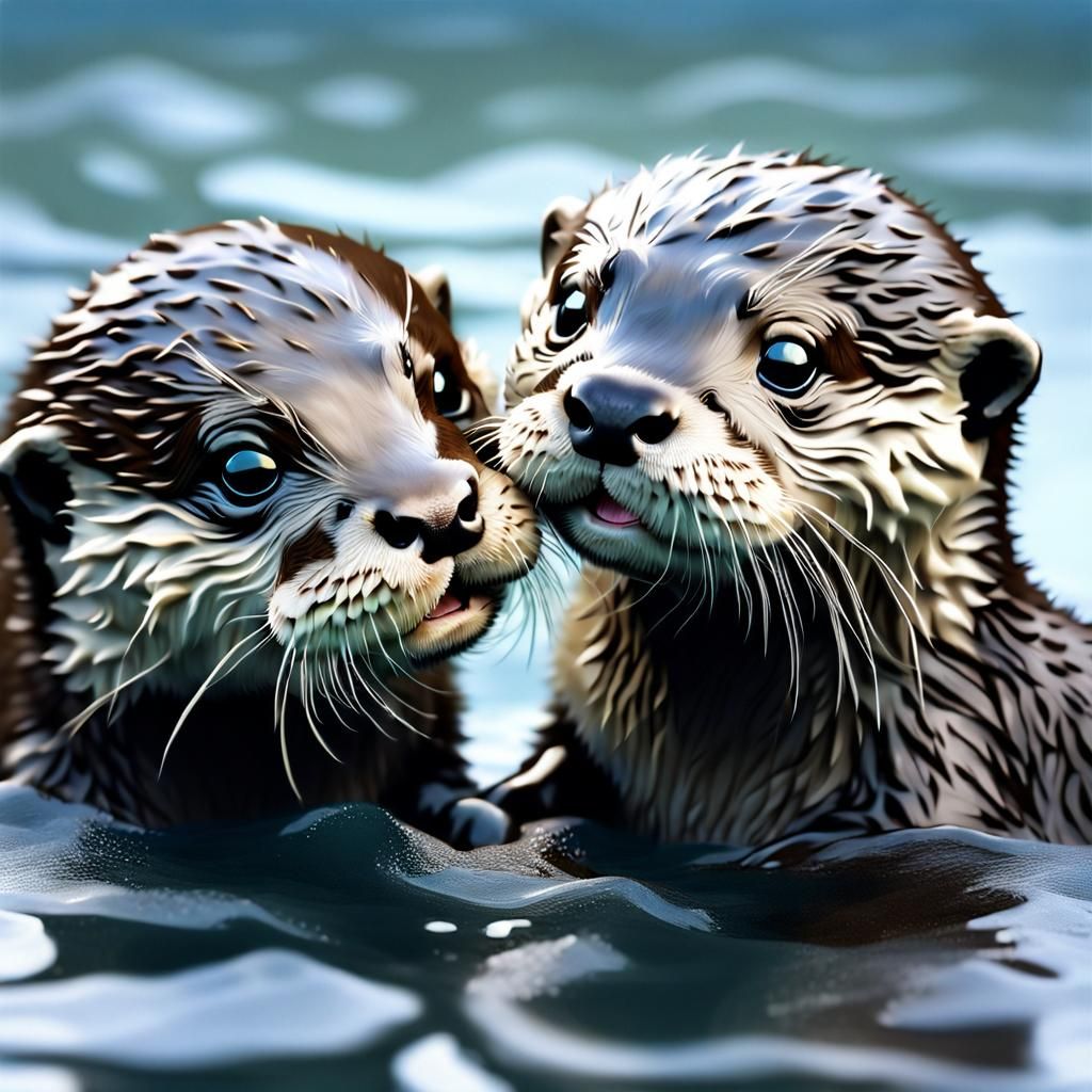 Playful Baby Otters in Ocean: High-Quality Close-Up