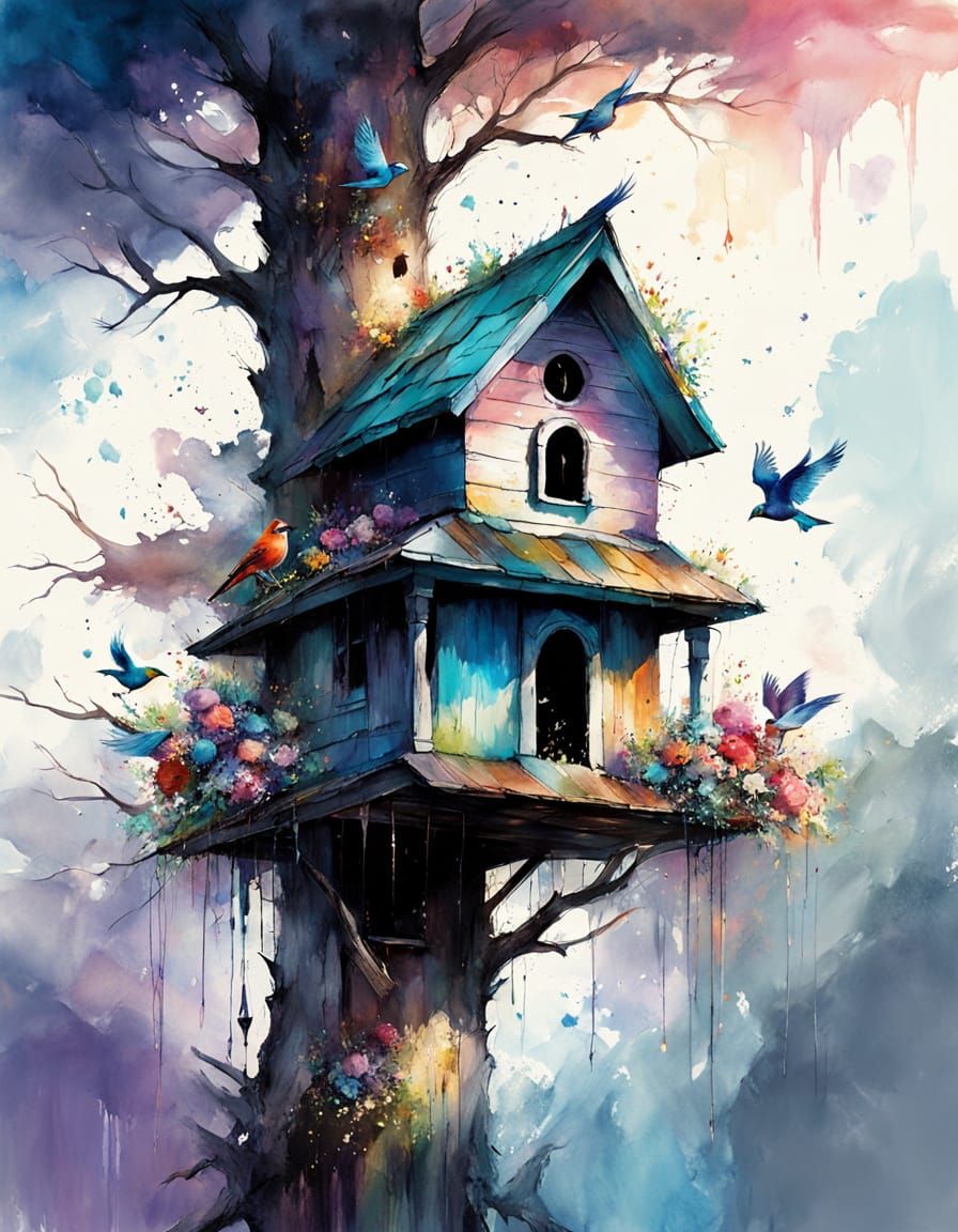 Watercolor Birdhouse with Colorful Birds and Flowers