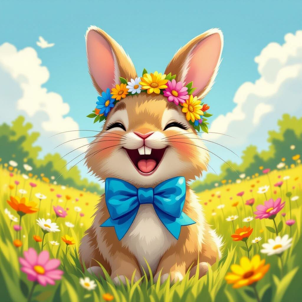 Laughing Bunny with Flowers, Whimsical Illustration