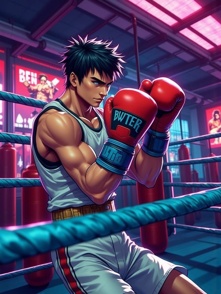 Anime Boxer Training in Retro-Futuristic Gym