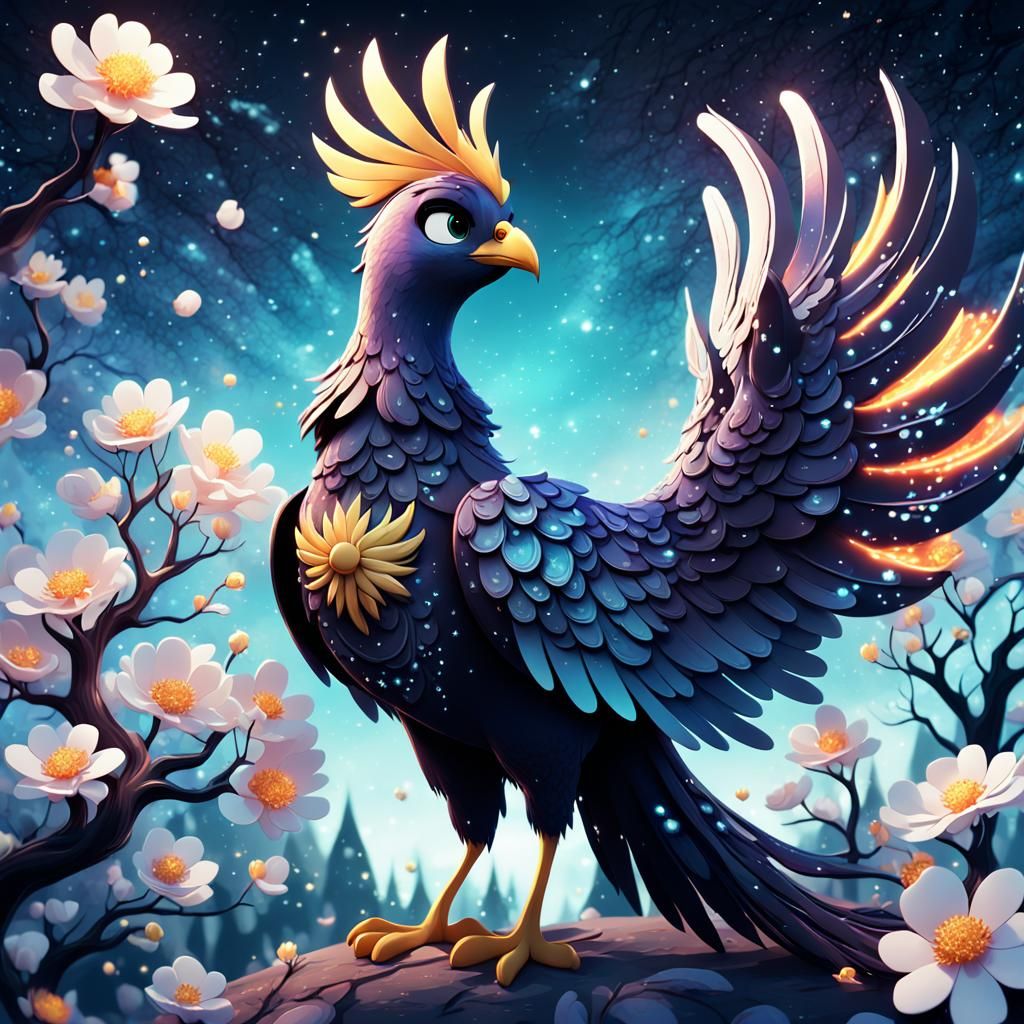 Phoenix with White Flowers in Splatter Art Style