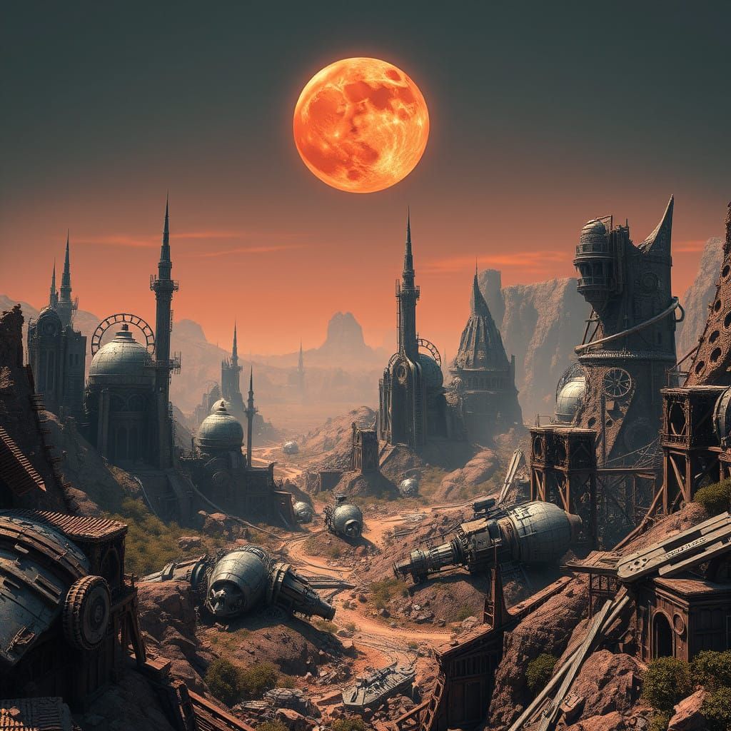Cyberpunk Steampunk Wasteland on a Distant Planet
