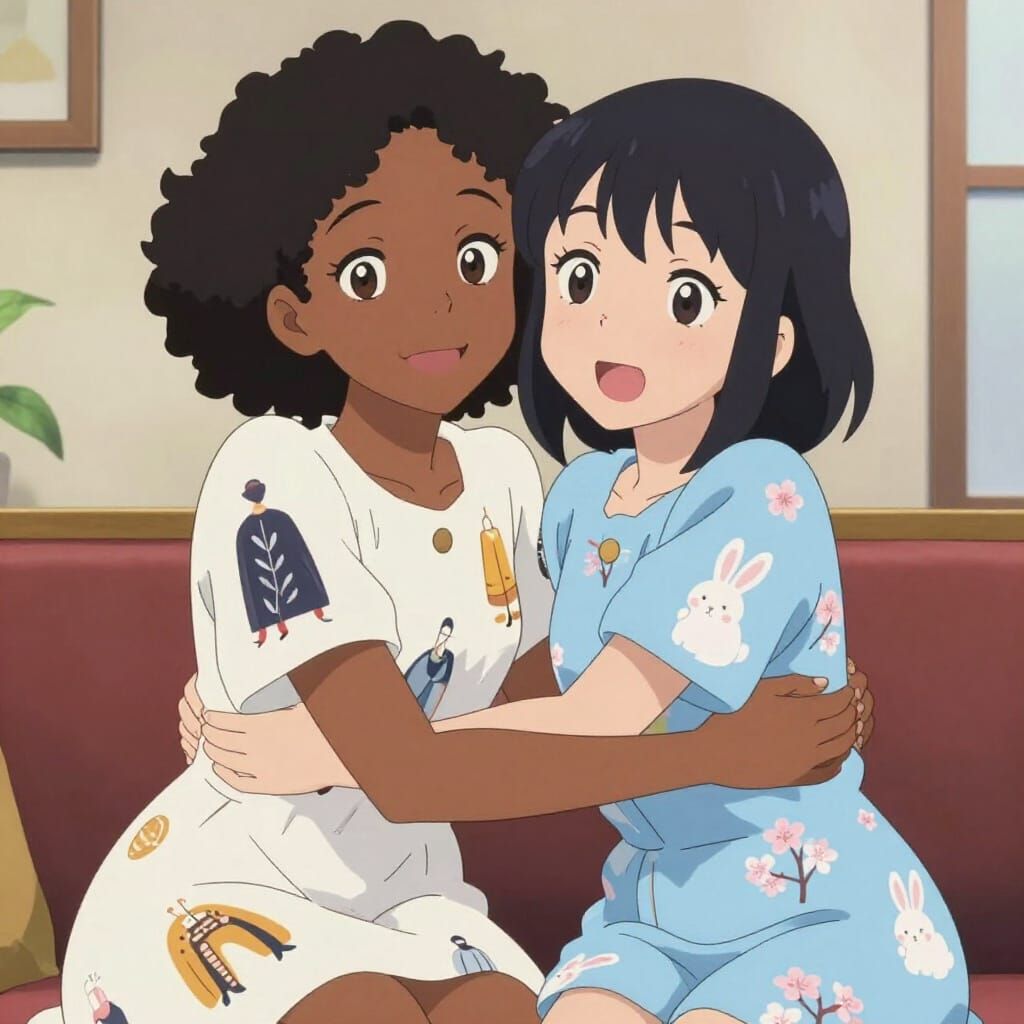 Two Friends Hugging in Cute Anime Style
