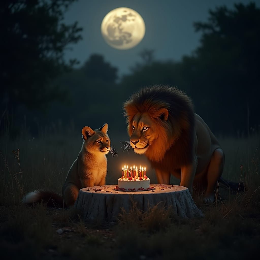 Lion Throws Surprise Birthday Party for Fox Under Full Moon