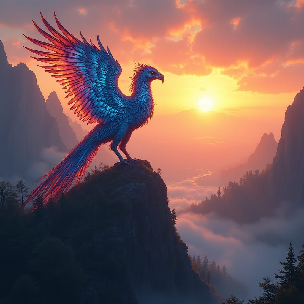 Iridescent Griffon Perched on Mountain at Sunset