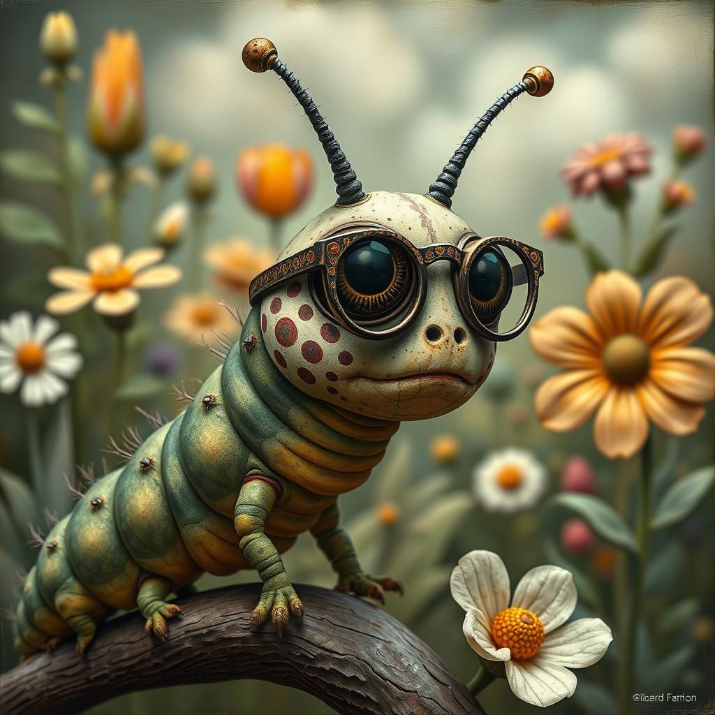Caterpillar with Glasses in Naive Art Style