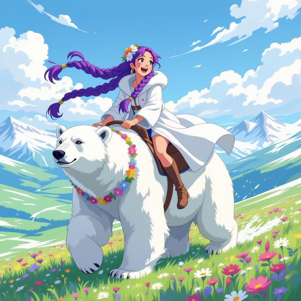 Woman on Polar Bear in Dreamy Fantasy Landscape