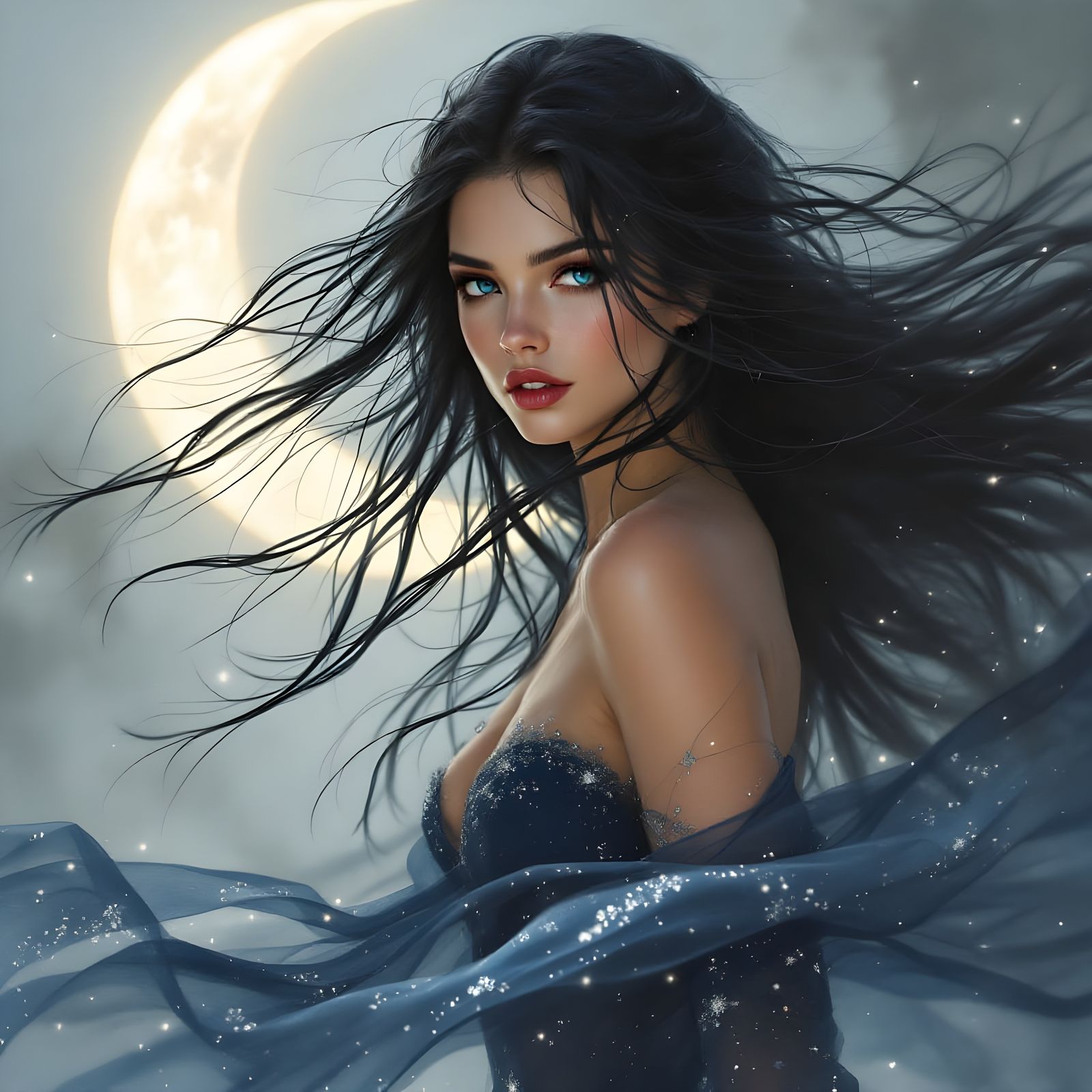 Norse Moon Goddess with Black Hair and Blue Eyes