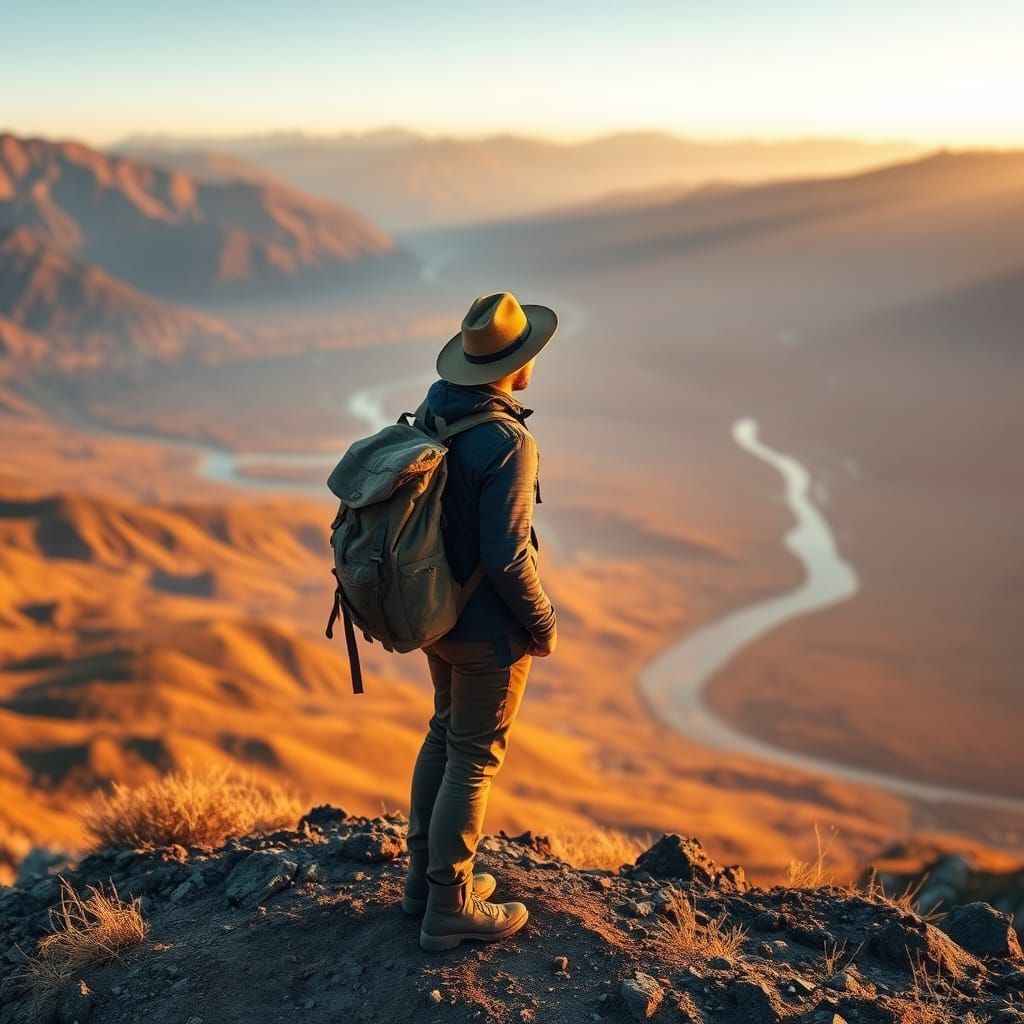 Lone Traveler at Sunrise Overlooking Vast Landscape