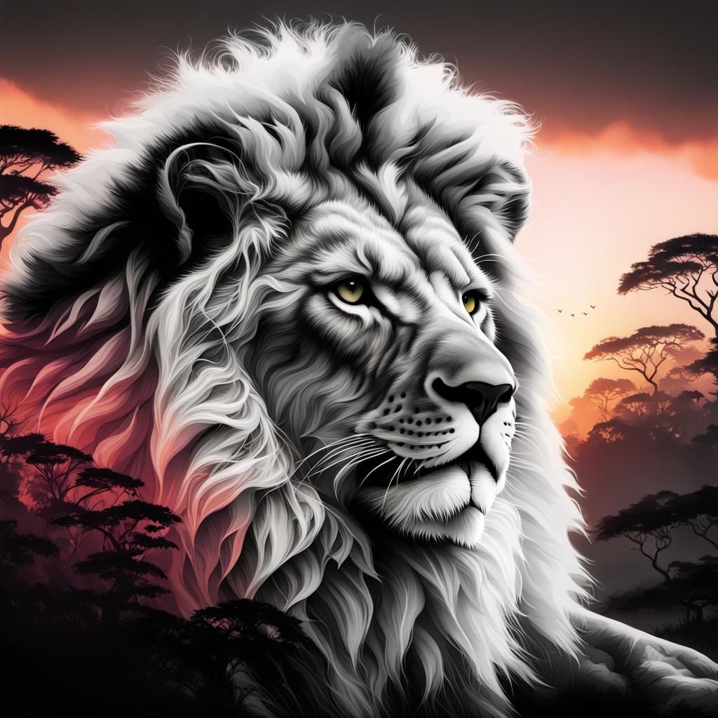 Cyborg Lion Double Exposure in African Sunrise