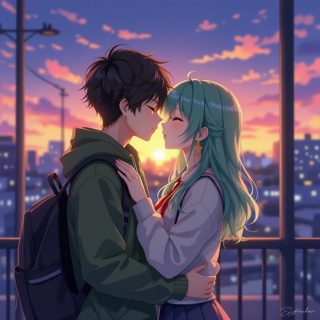 Dark Green Boy Kissing Light Green Girl