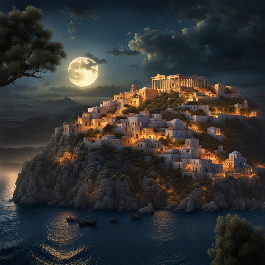 Moonlit Greek Islands: An Epic Digital Painting
