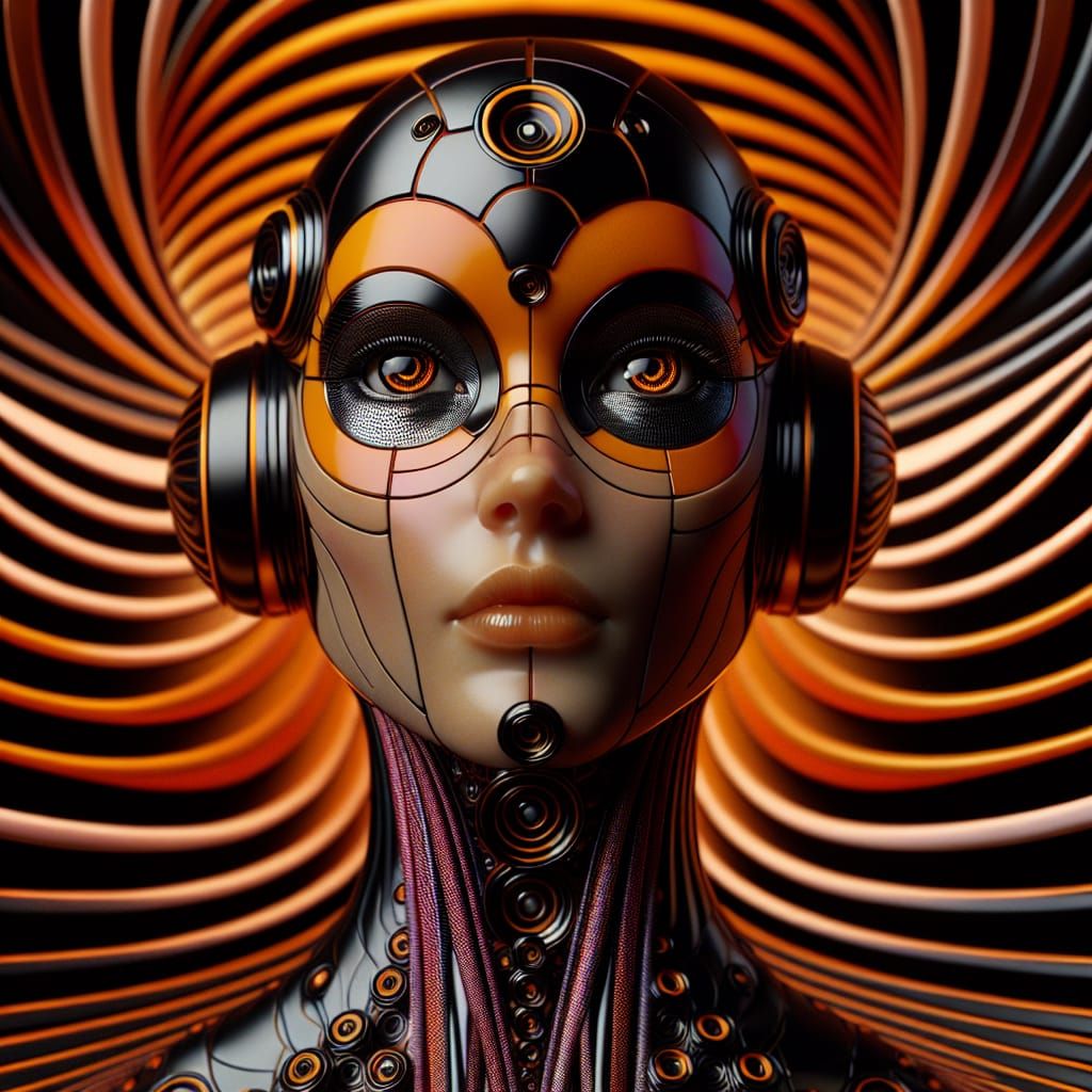Futuristic Android with Orange Helmet in Hyperrealism