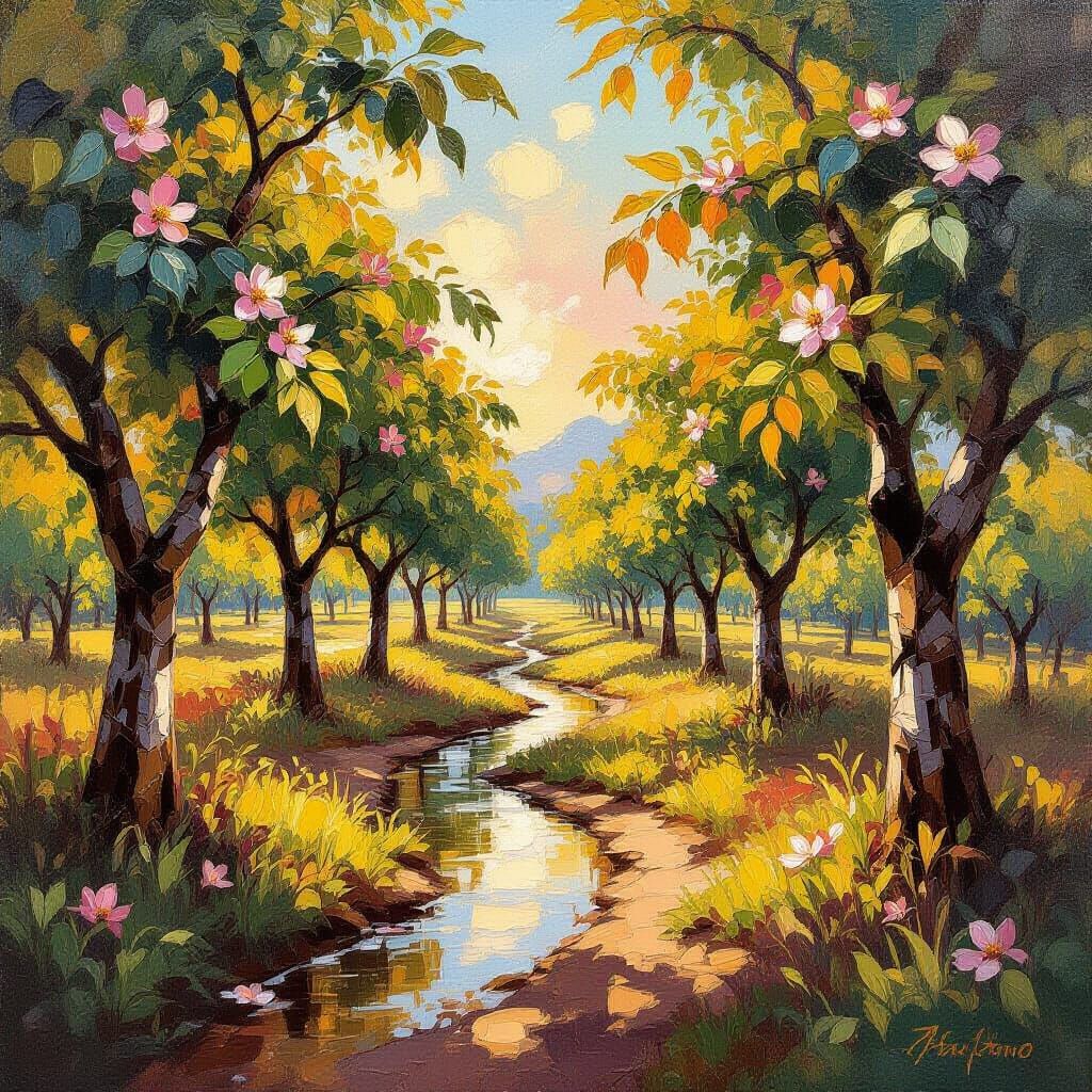 Impressionist Oil Painting of a Cocoa Orchard Morning