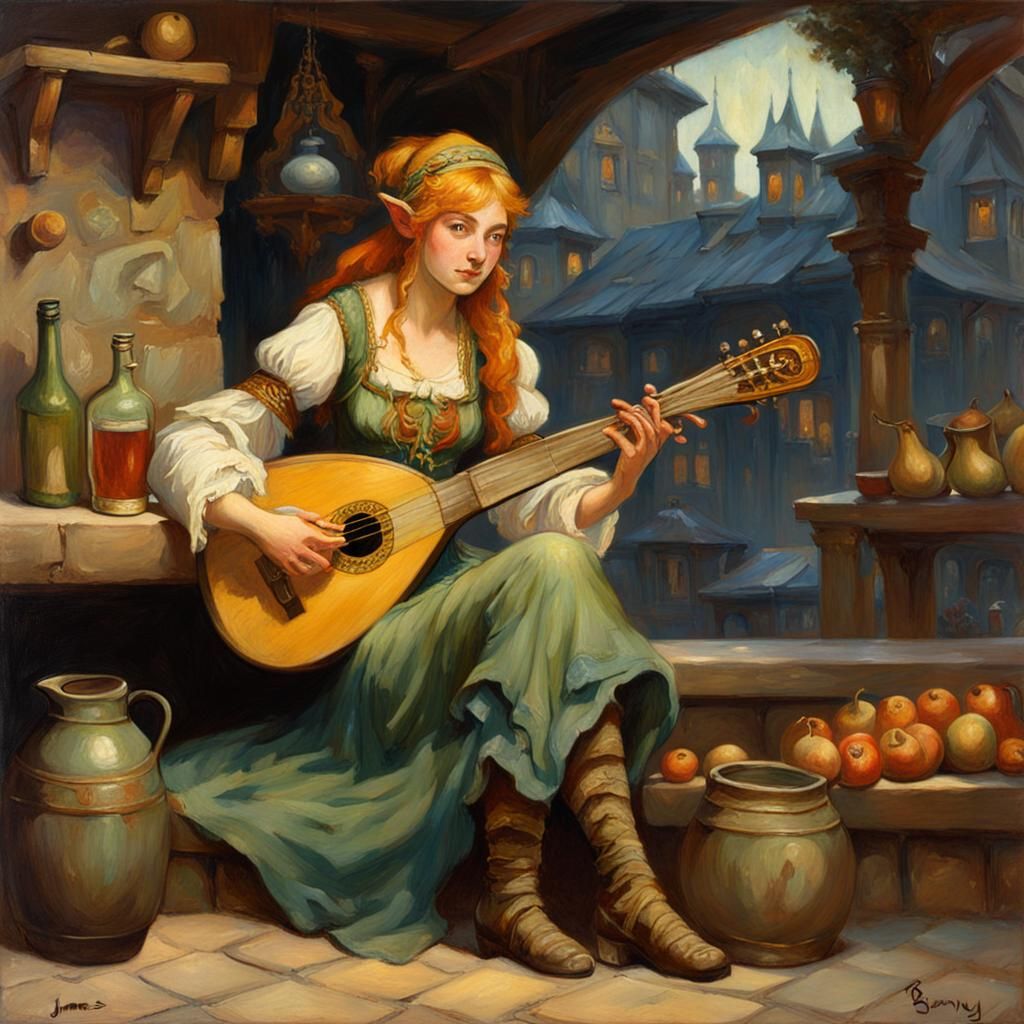 Art Nouveau Elf Bard in Tavern Oil Painting