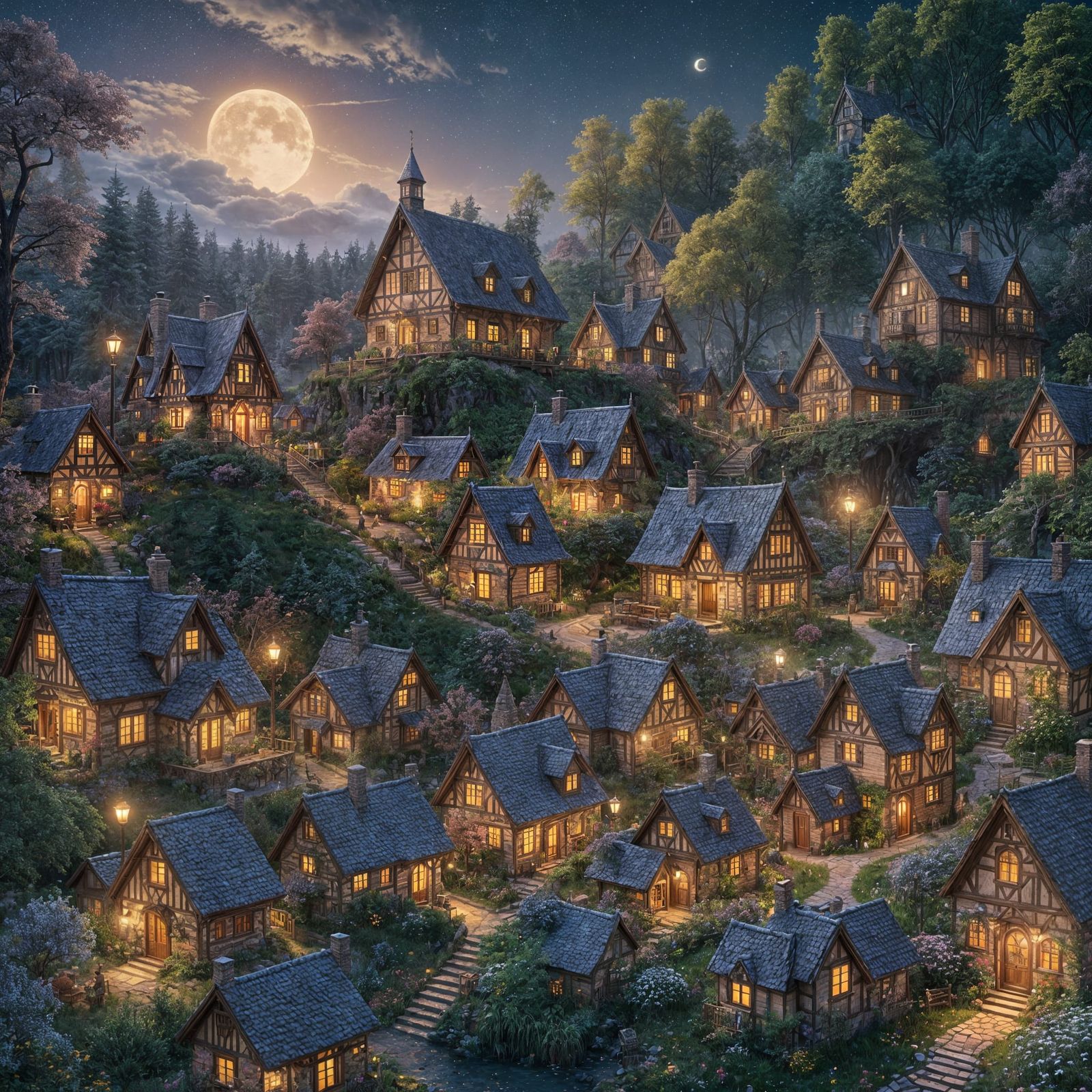 Enchanted Village Under Starry Sky: Fantasy Concept Art