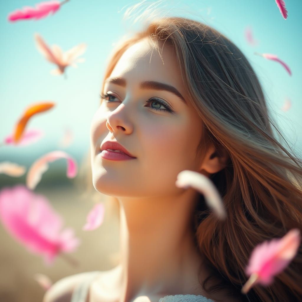 Dreamy Portrait of a Woman with Feathers