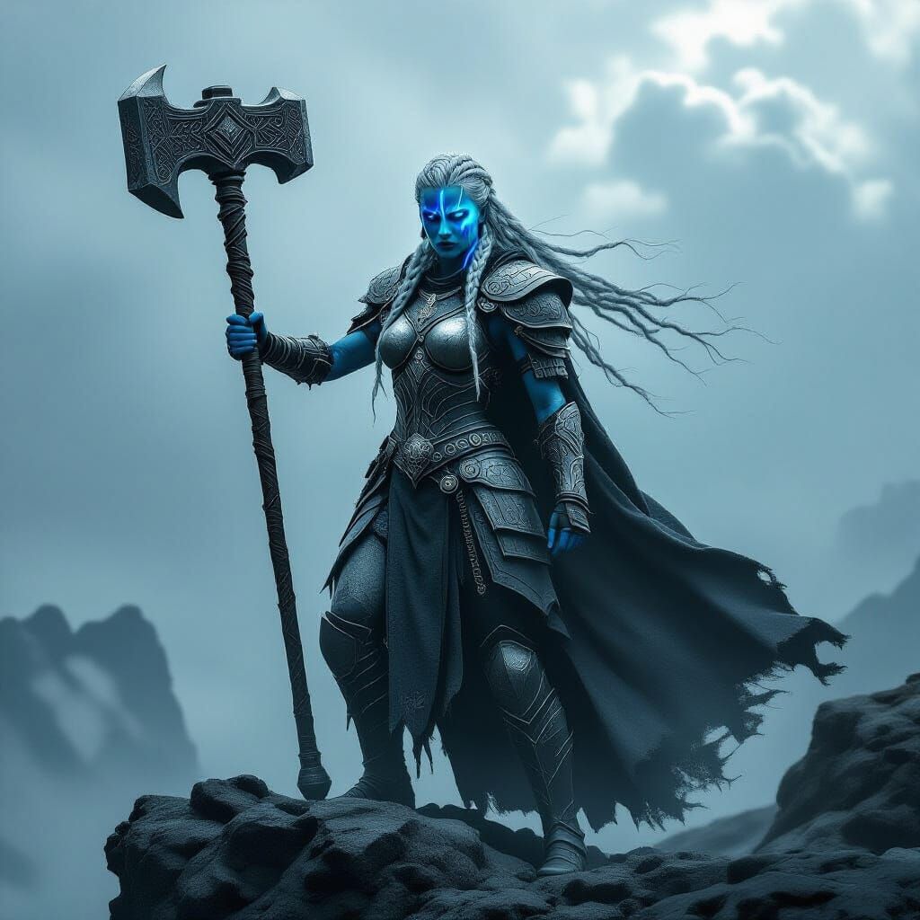 Battle Goddess with War Hammer in Norse Horror Style