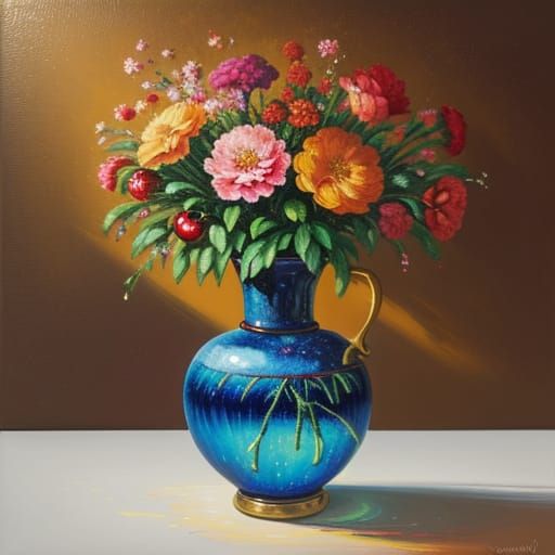 Vibrant Still Life of Flowers and Cherries in Glass Vase