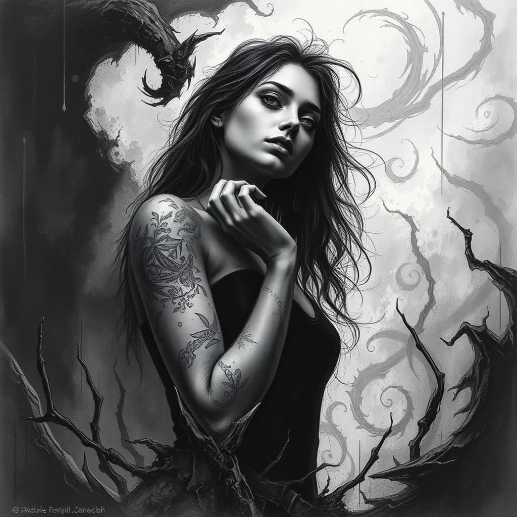 Introspective Woman in Surreal Charcoal Drawing