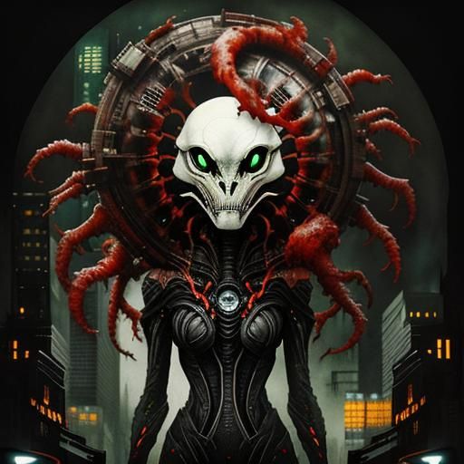 Alien Creature in Dystopian Cityscape: Double Exposure Photo...