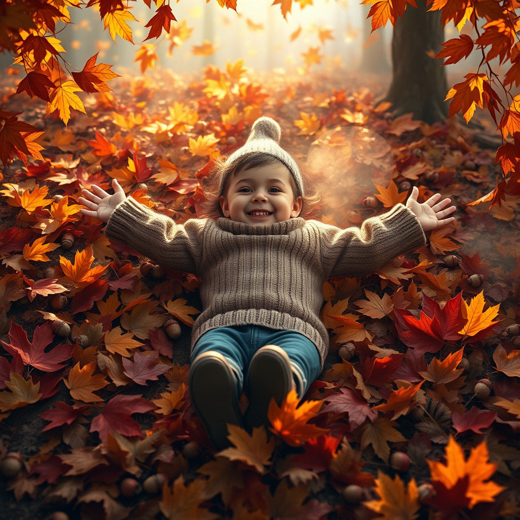 Child Makes Leaf Angels in Autumn Forest