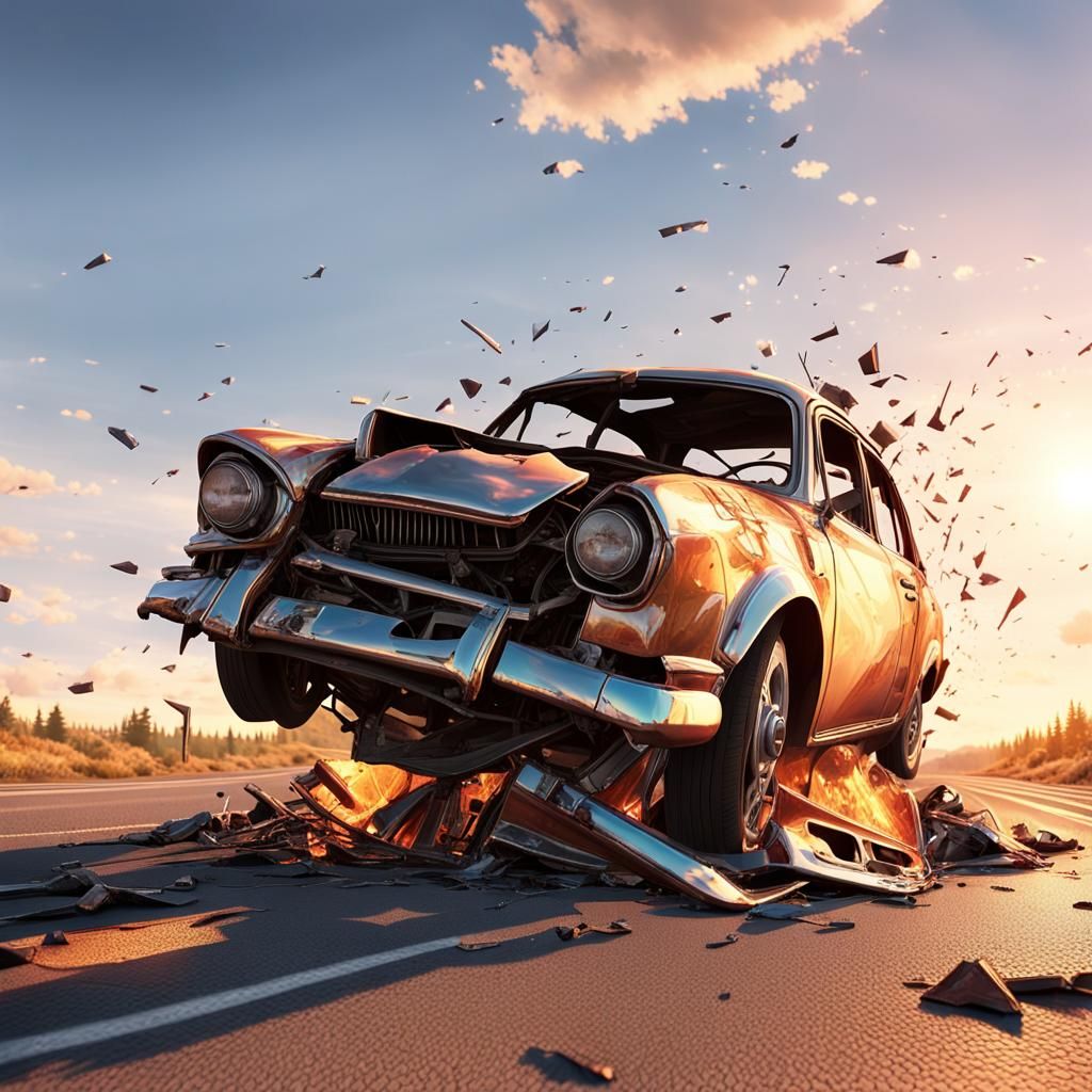 Mangled Car Wreck on Deserted Highway