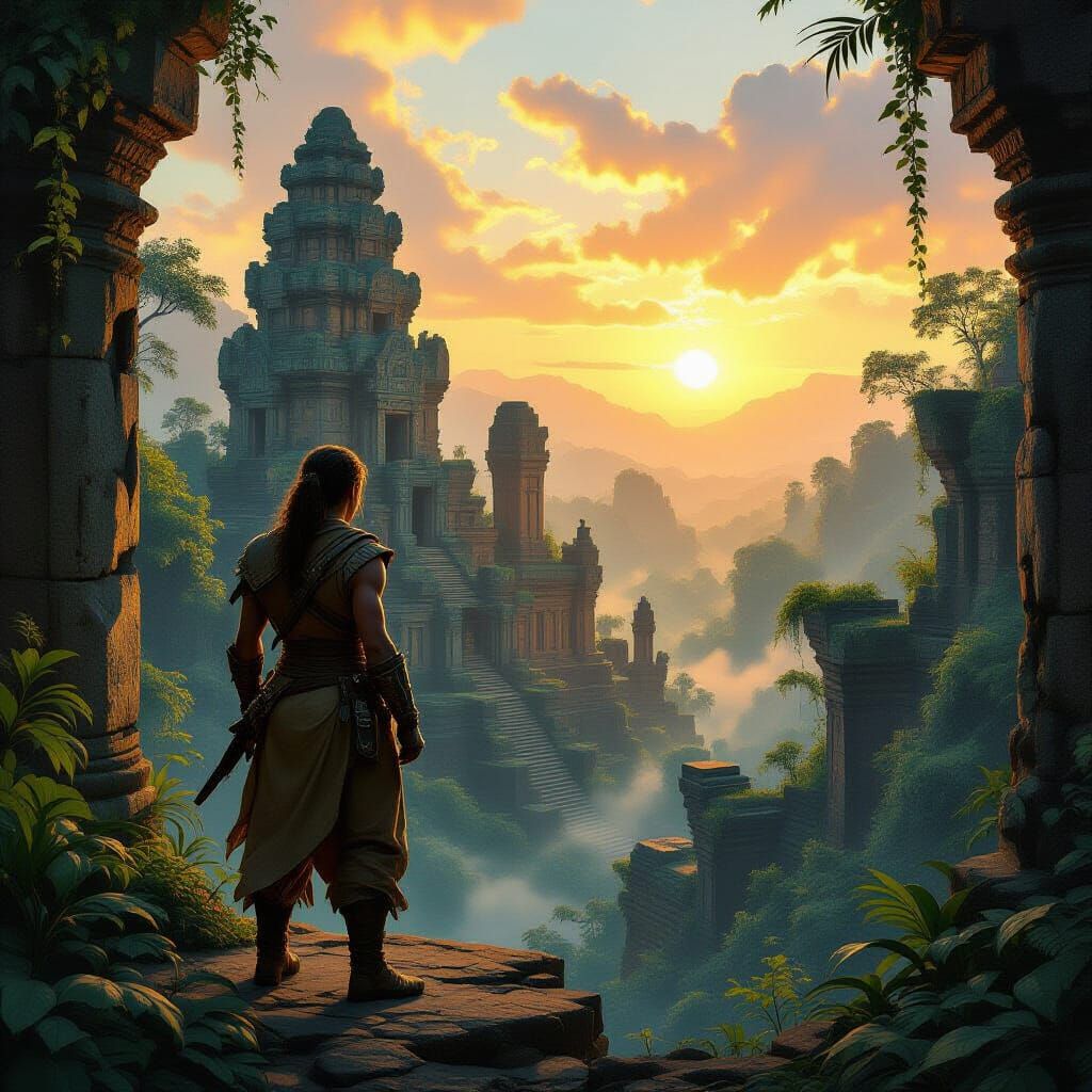 Jungle Temple Ruins at Sunrise in Stalenhag Style