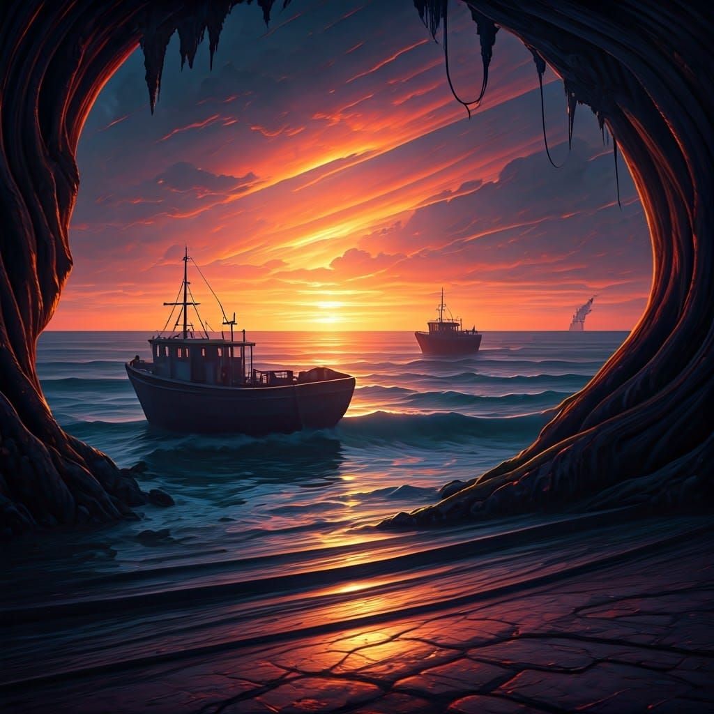 Sunset Over Troubled Sea in Mixed Media Style