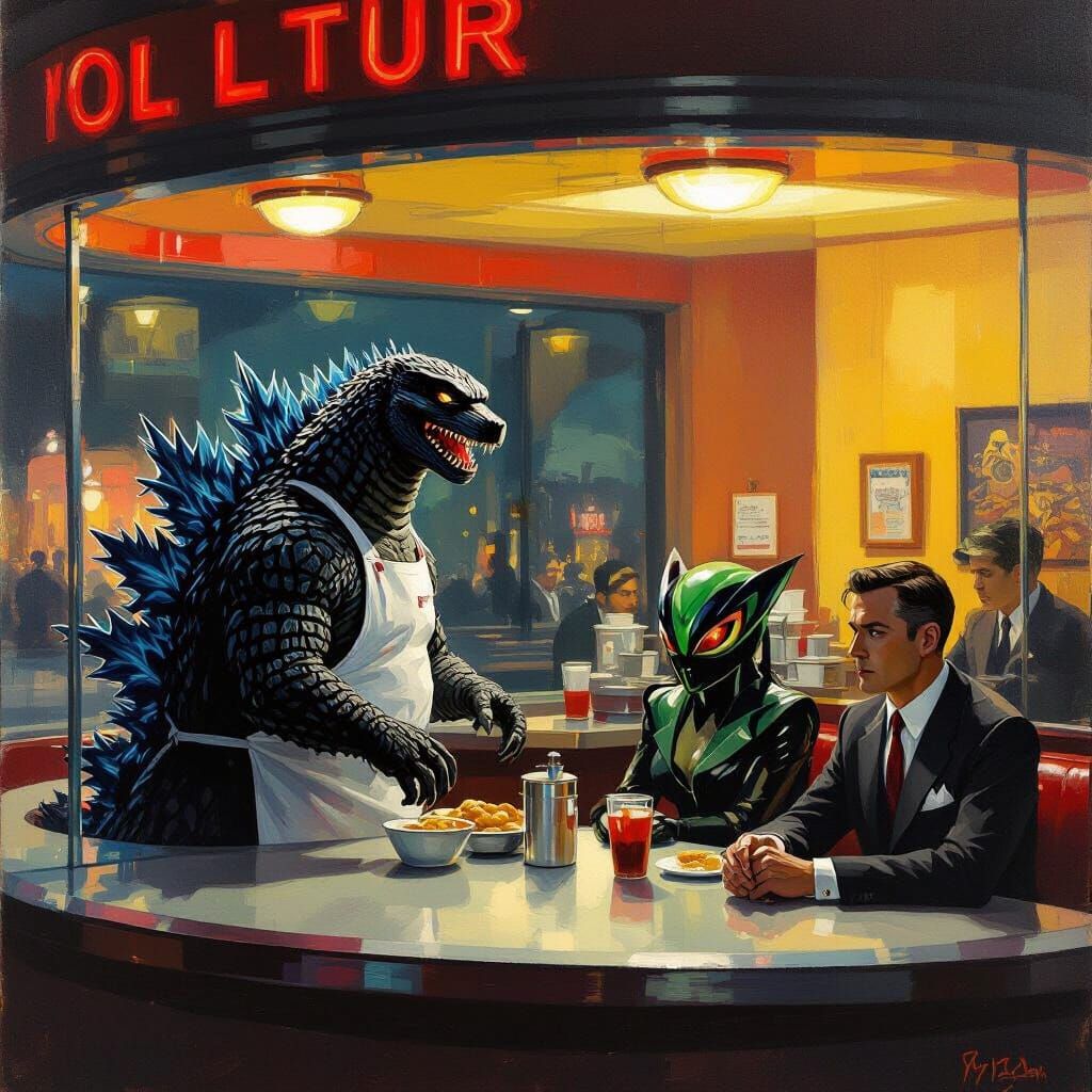 Godzilla as Diner Cook in Nighthawks Style