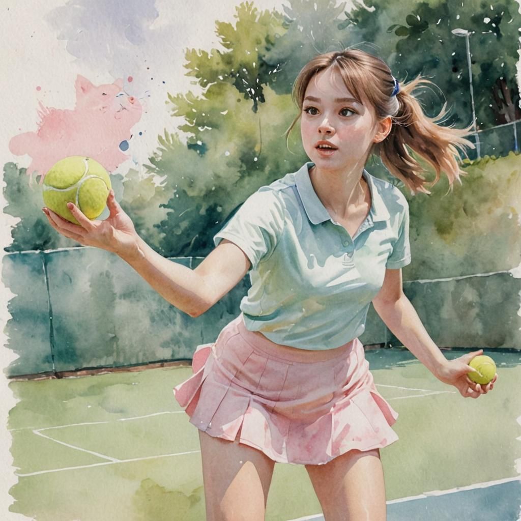 Girl with Cat in Kawaii Watercolor Illustration