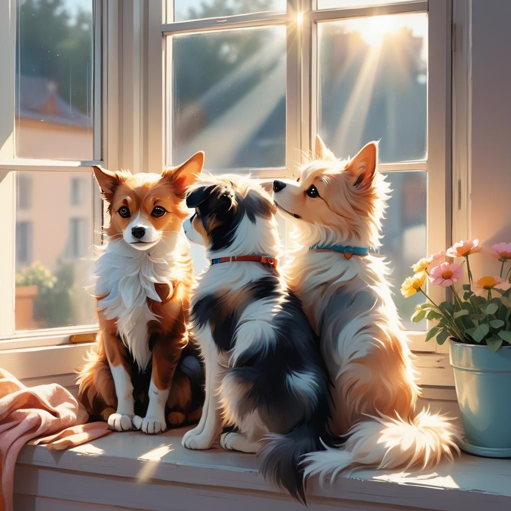 Whimsical Dog and Cat Window Scene in Pastel Colors