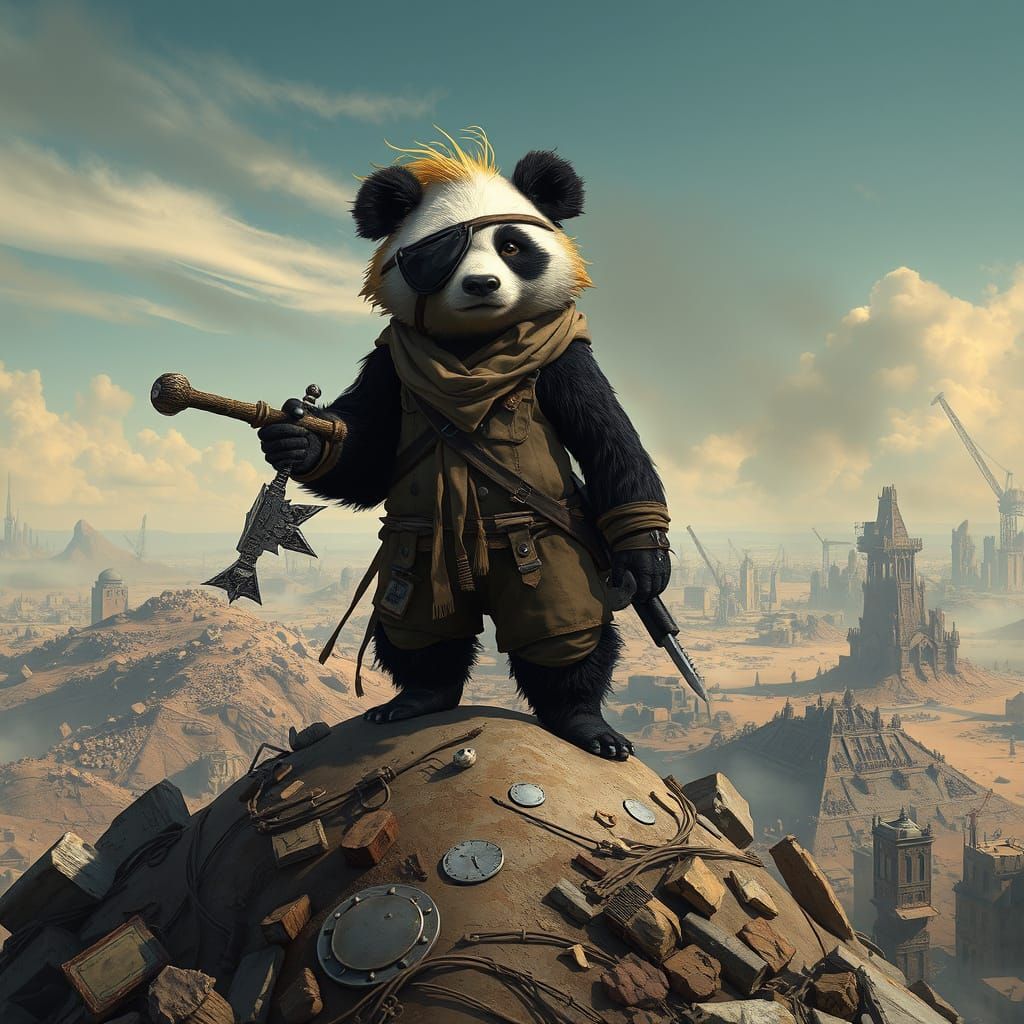 Panda Warrior in Dystopian Post-Apocalyptic Landscape