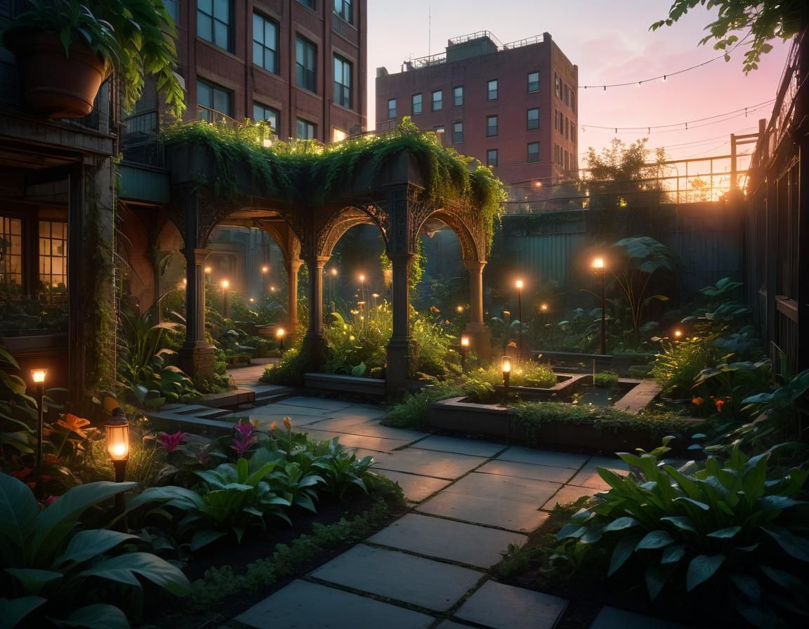 Urban Oasis in Dystopian Landscape at Magic Hour