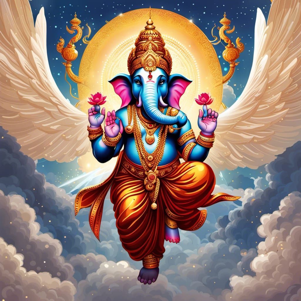 Ganesh Flies Through Sky: Indian Vector Art