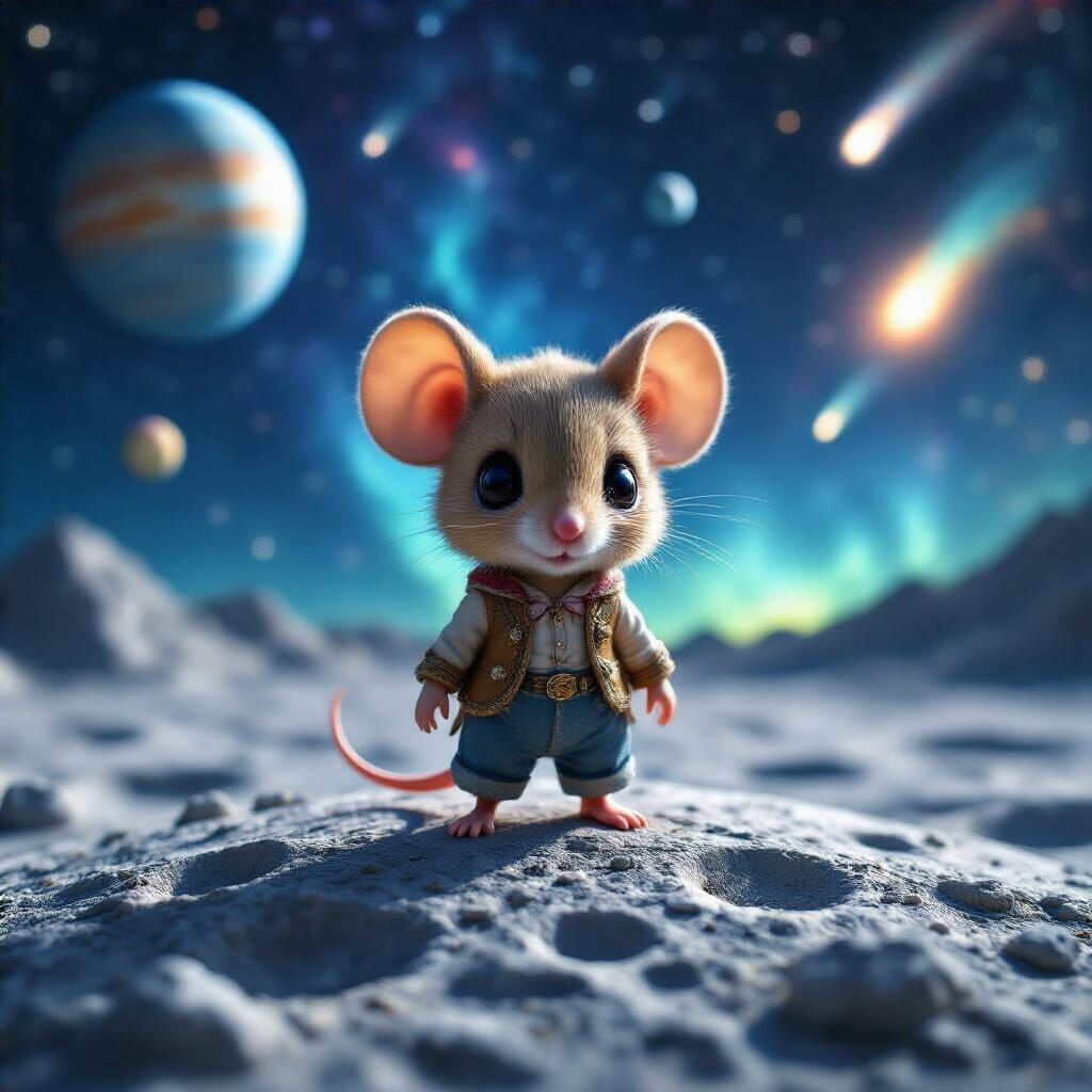 Chibi Mouse on Moon Surface Under Starry Sky