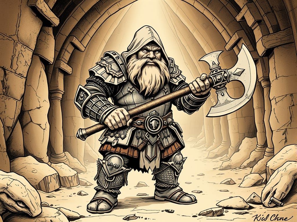 Sepia Ink Drawing of a Medieval Dwarf Warrior