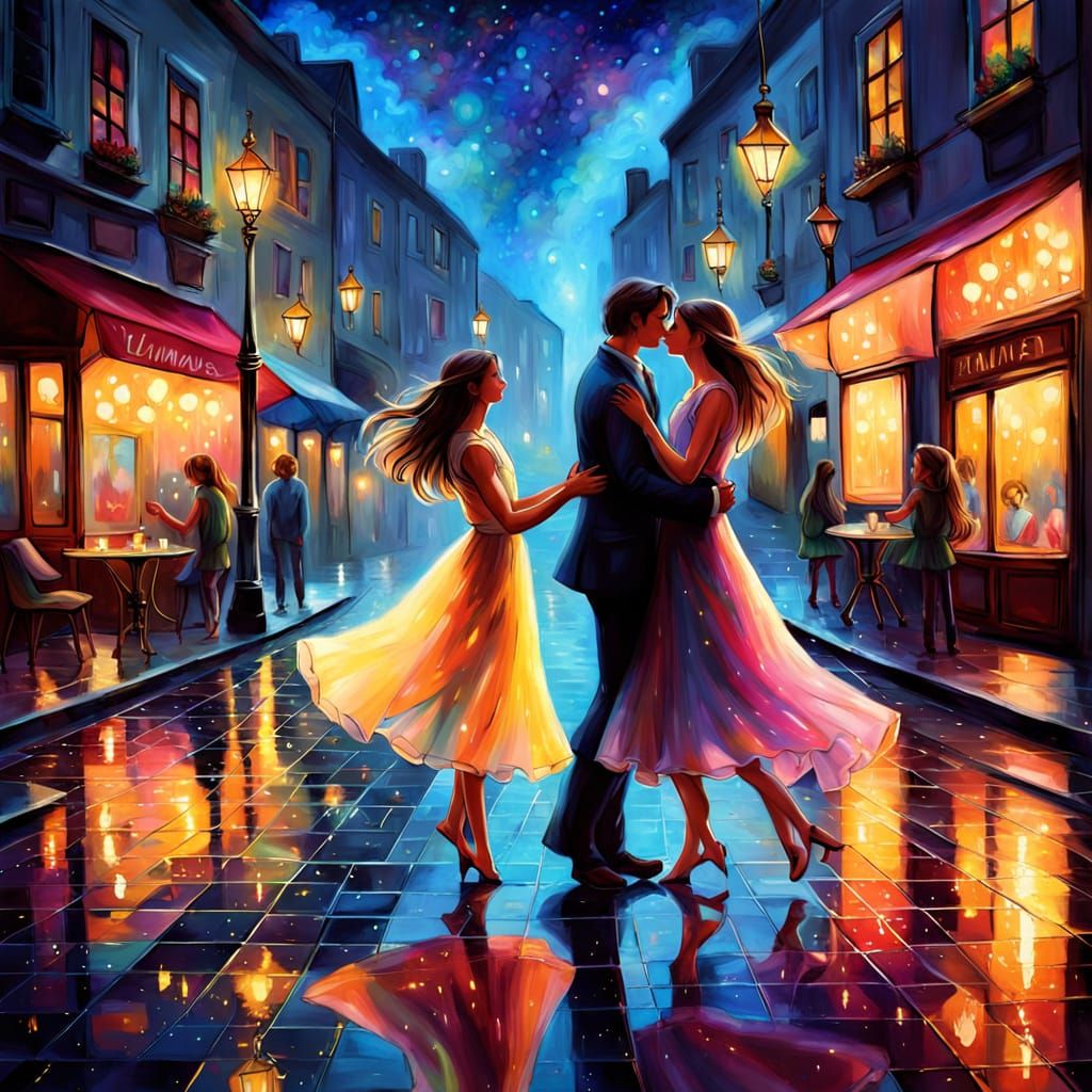 Whimsical Starry Night Couples Dance in Dreamlike, Vibrant O...