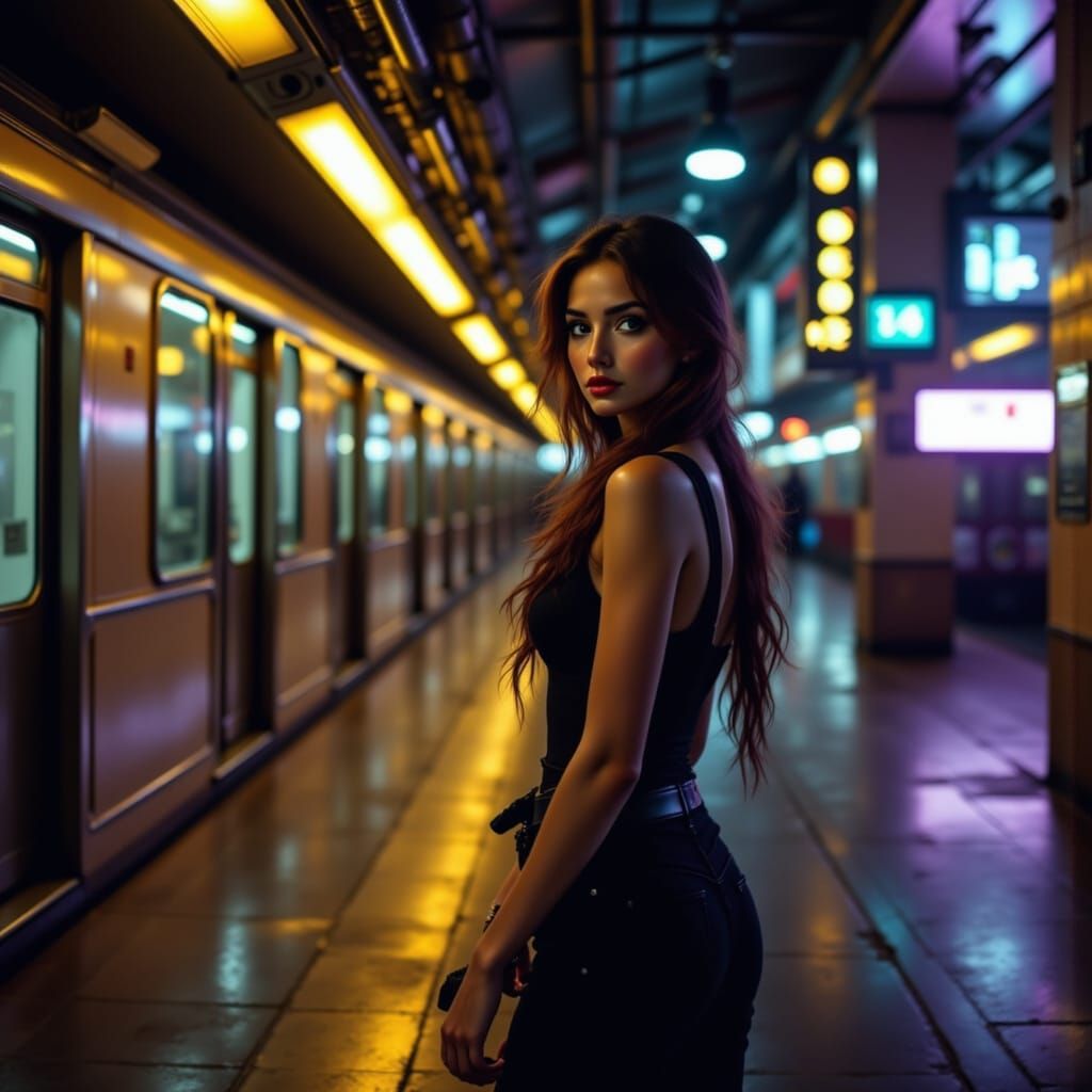 Young Woman in Moody Tokyo Subway Station