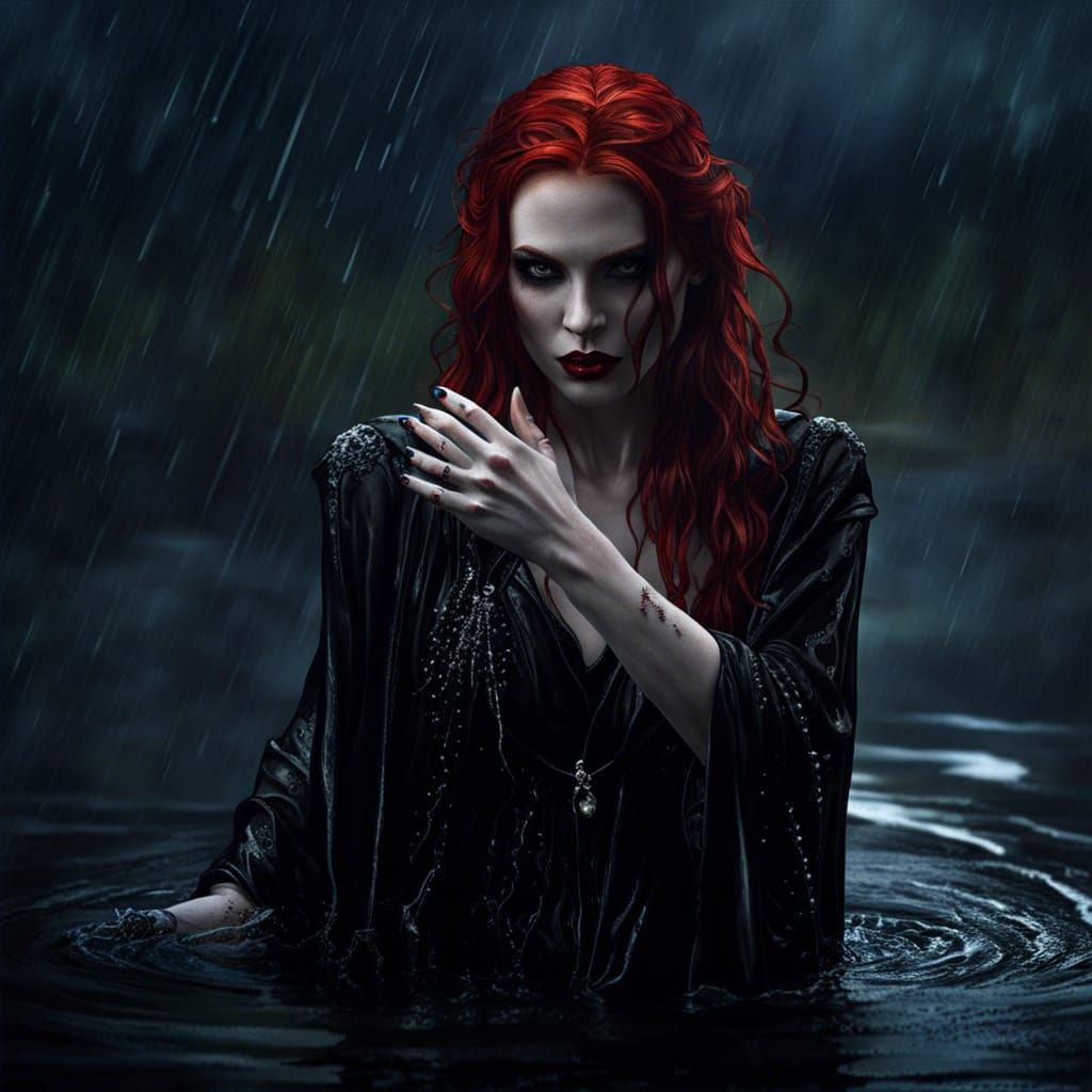 Redhead Vampire in Rain Soaked Gothic Scene