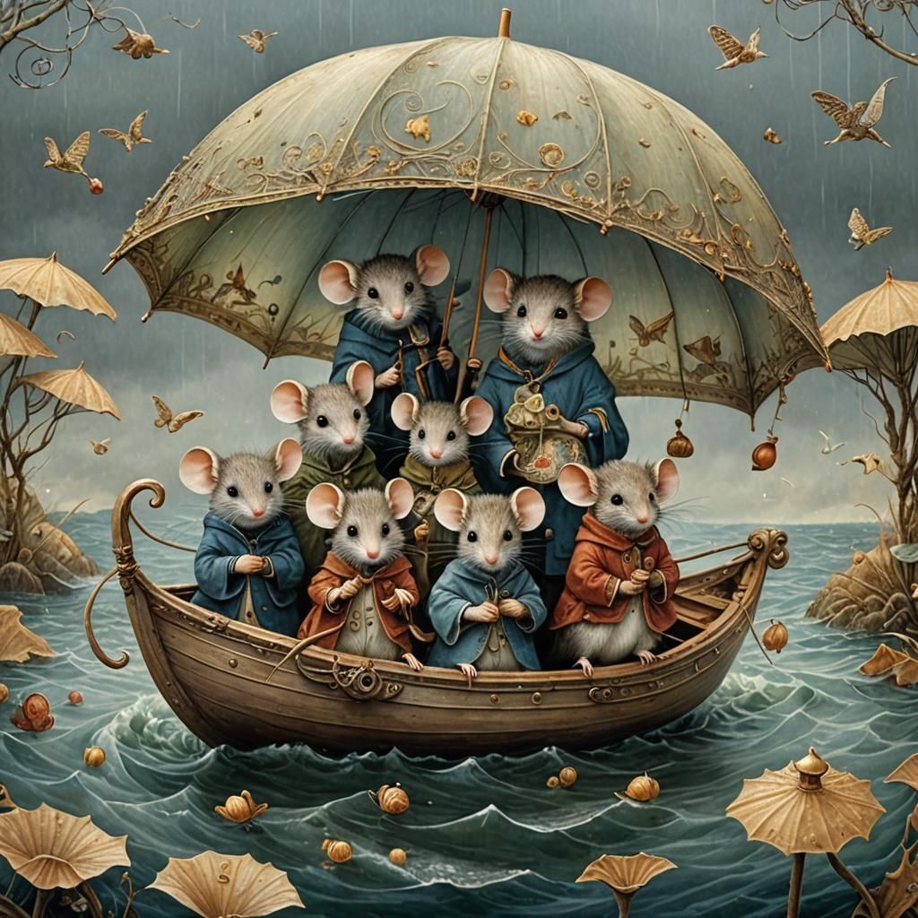 Mouse Family's Umbrella Boat Adventure