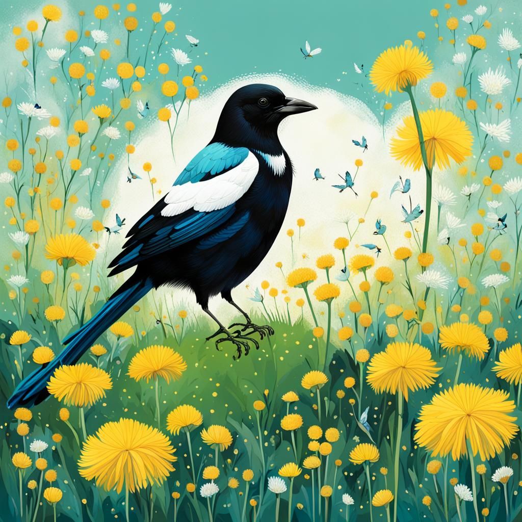 Magpie and dandelions. 😊