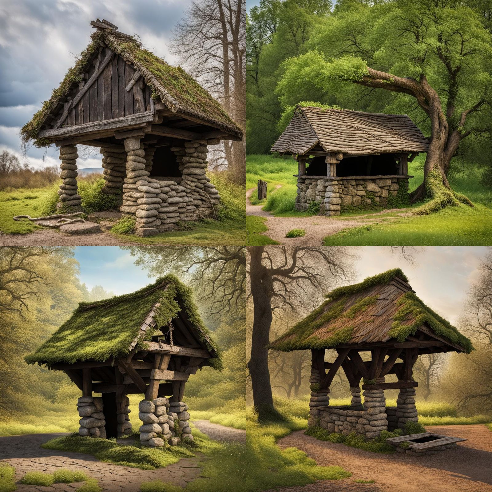 Rustic Stone Well with Broken Rope and Wood Roof