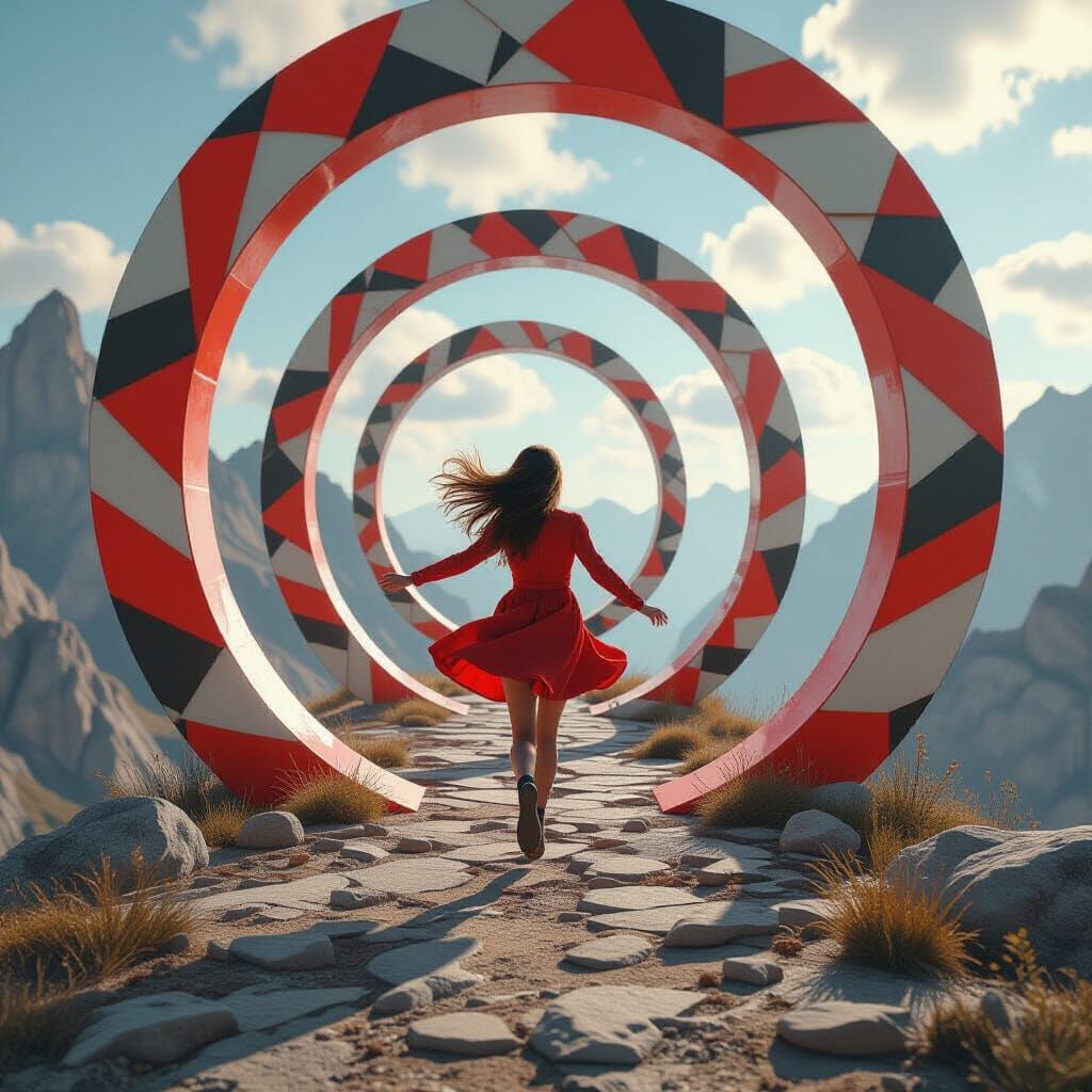 Girl Running in Abstract Structure with Spiral Geometry