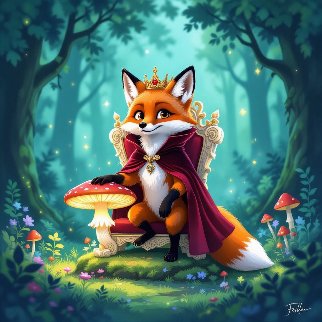 Regal Fox King on Mushroom Throne in Enchanted Forest