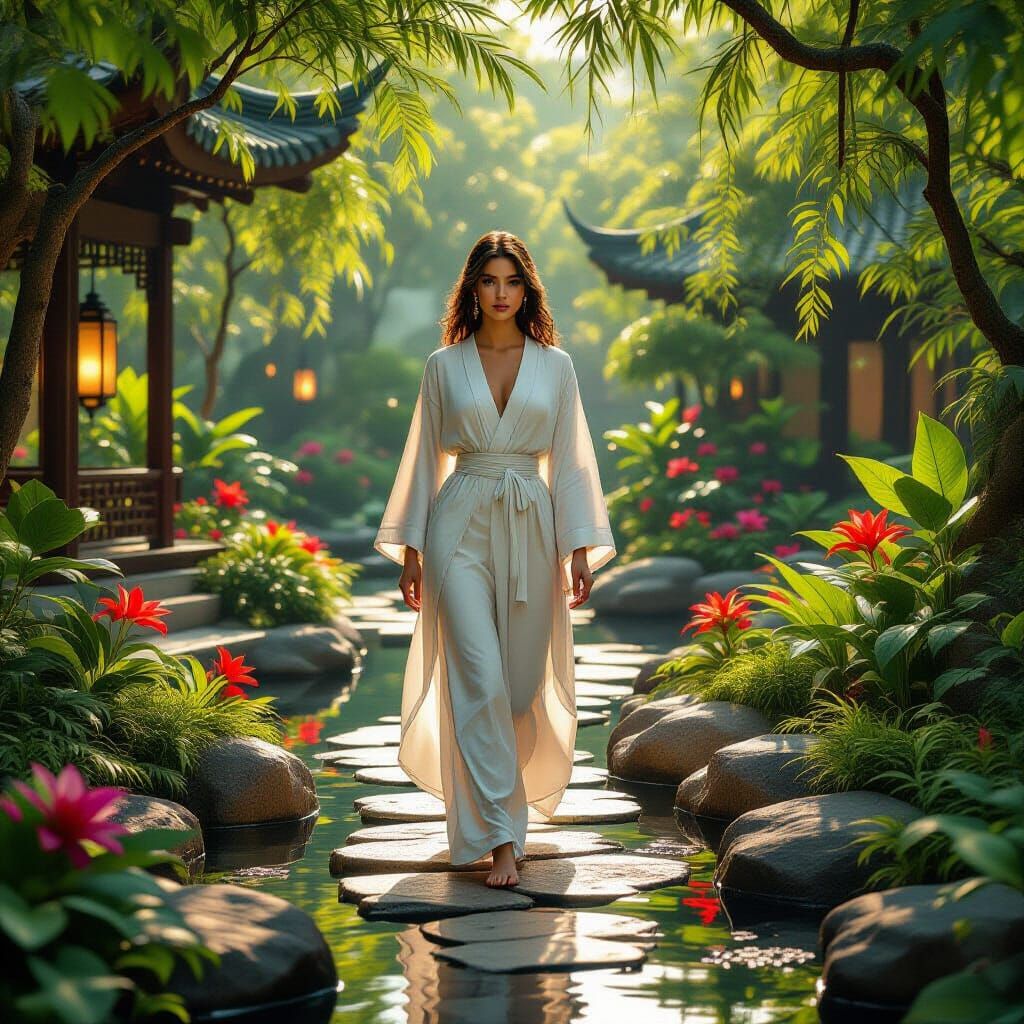 Biblical Zen Garden: Woman in a Flowing White Robe