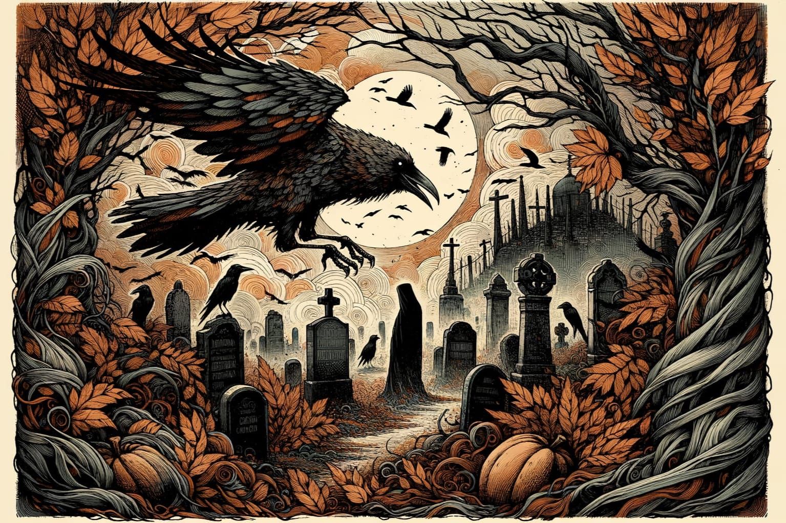 Eerie Raven in Cemetery: Dark Surrealist Ink Art