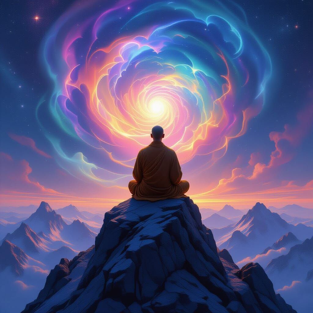Monk Meditating on Crystal Peak Under Nebula Glow