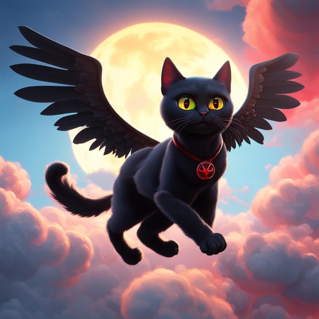 Black Cat with Angel Wings Soaring in 3D